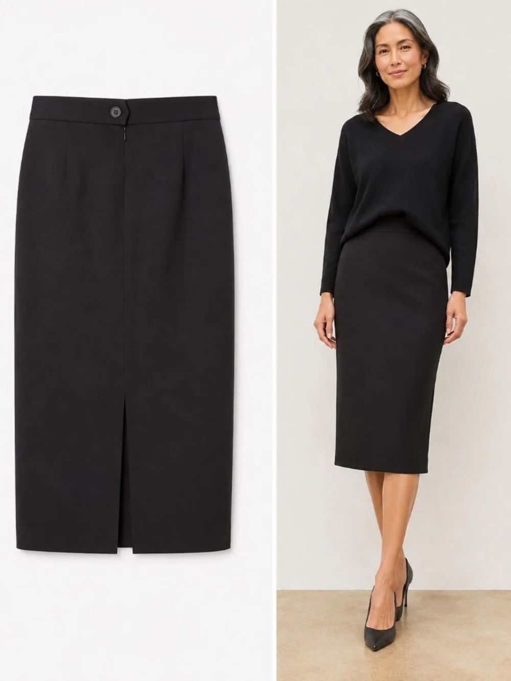 Lauren Ralph Lauren Black Wool Midi Pencil Skirt Back Slit Size 10